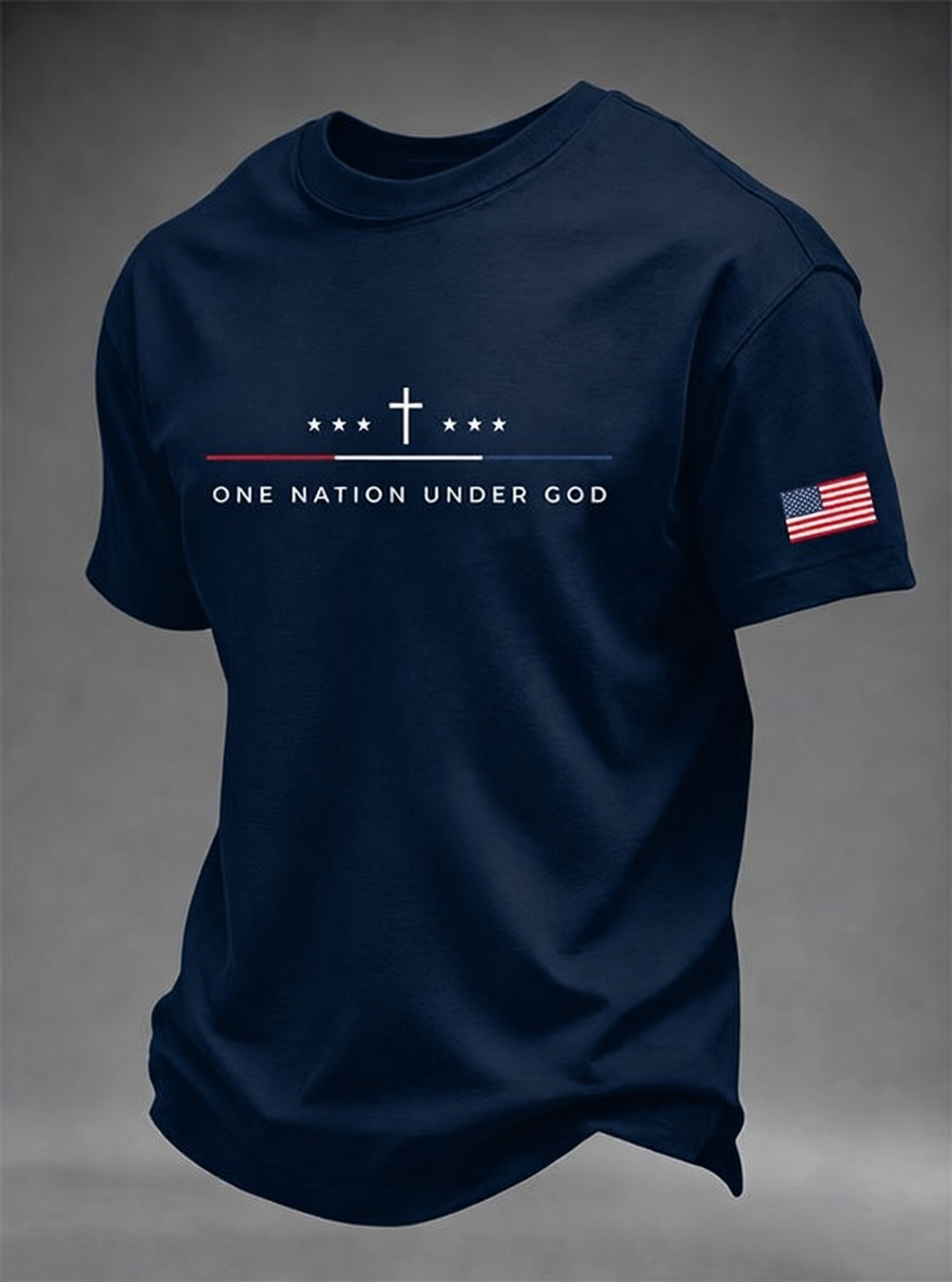 Men's One Nation Under God Cross 250 Years American Flag Sleeve Print Crew Neck Tee