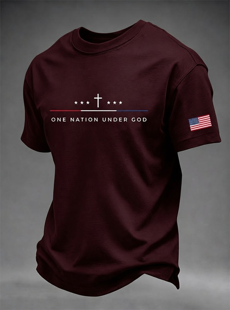 Men's One Nation Under God Cross 250 Years American Flag Sleeve Print Crew Neck Tee