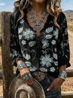 Women's Floral Embroidered Lace-Up Western Blouse
