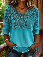 Women's Western Paisley Patchwork Waffle Knit Pocket V Neck Casual Top