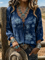 Women's Floral Embroidered Lace-Up Western Blouse