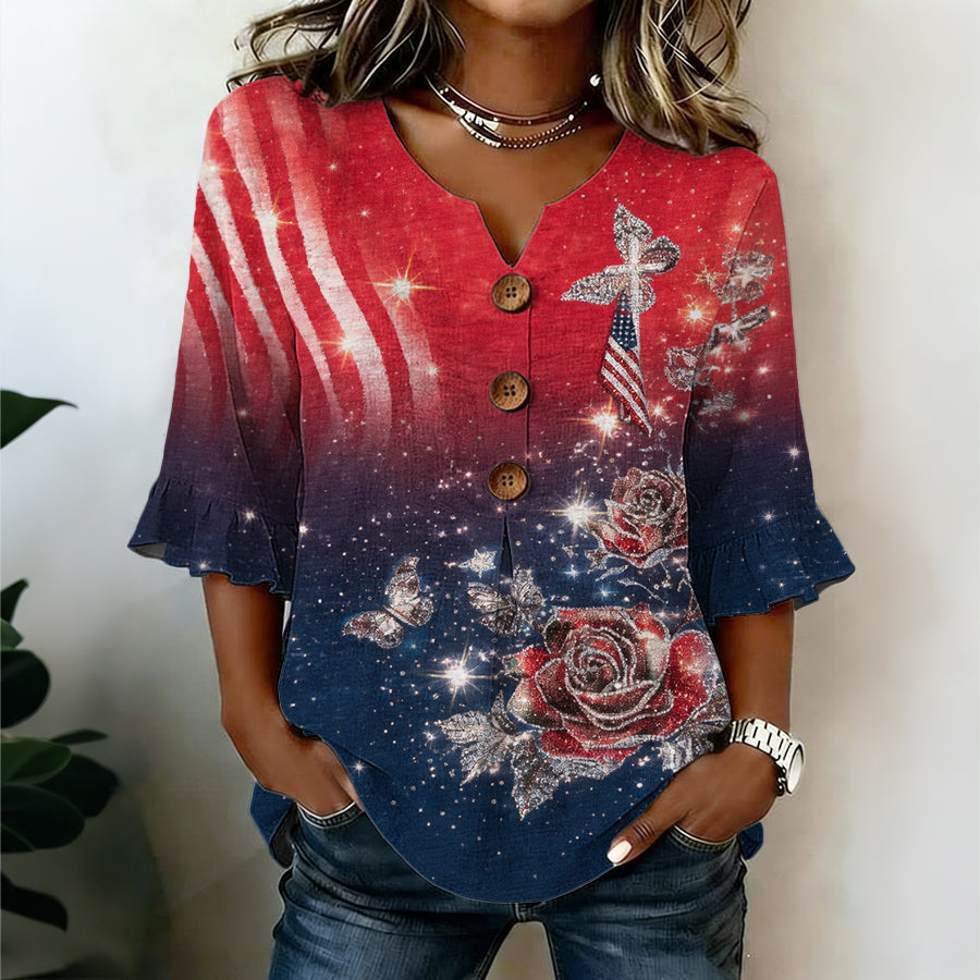 Women'S Faith Cross Flag Art Printed V-Neck Half Sleeve Top