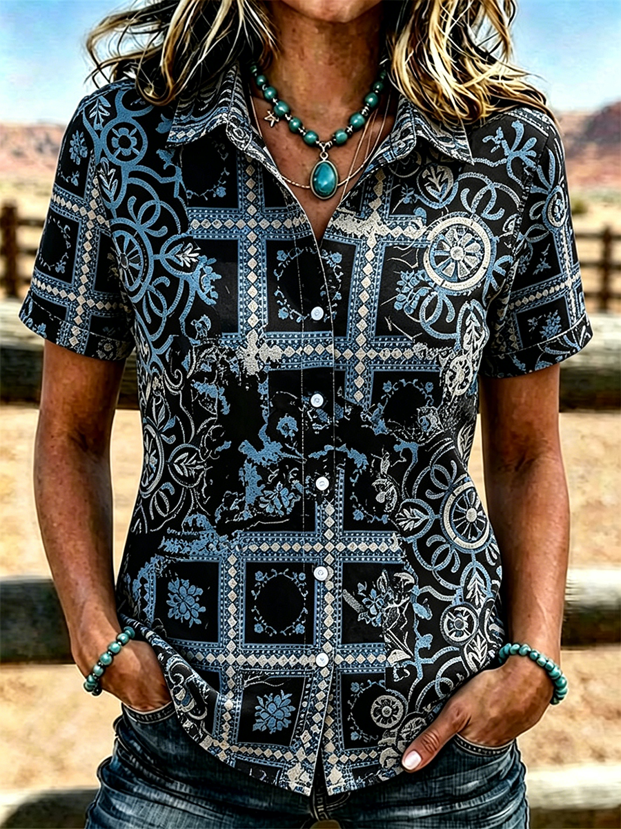 Women's Western Blue Geometric Tile Print Collared Short Sleeve Button Down Shirt