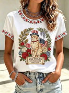 Women's American flag cat floral print casual top