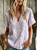 Women's Vintage Cotton-Linen Top with Cross and Floral Pattern