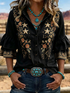 Women's Western Star Floral Embroidered Ruffle Sleeve Shirt
