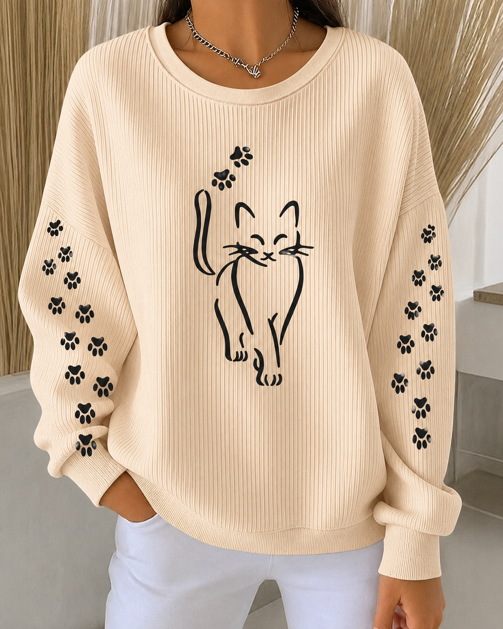 Women'S Cat Paw Print Casual Round Neck Long Sleeved Sweatshirt