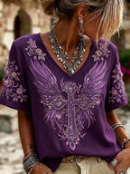 Ladies' V-Neck Cotton Linen Short Sleeved Flower Wing Cross Pattern
