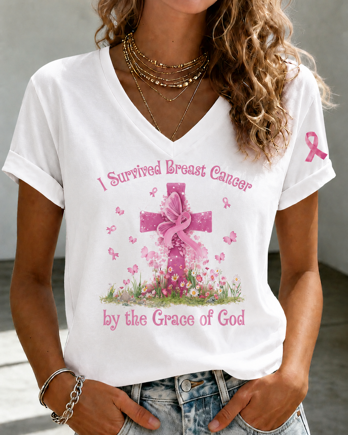 Women'S Faith And Breast Cancer Promotion Printed Short Sleeved T-Shirt