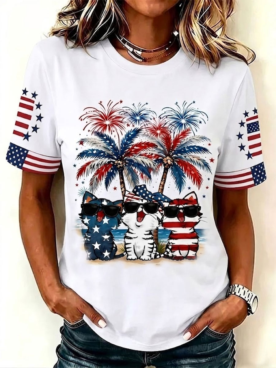 Women'S Casual Cat Faith-Print T-Shirt For Independence Day