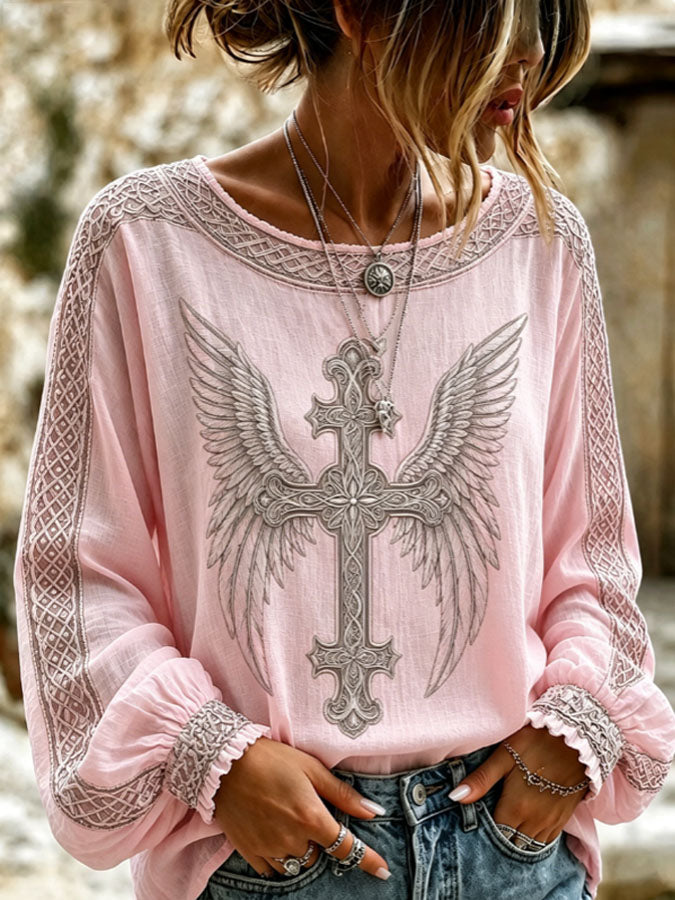 Women's Cross Printed Casual Cotton and Linen Top