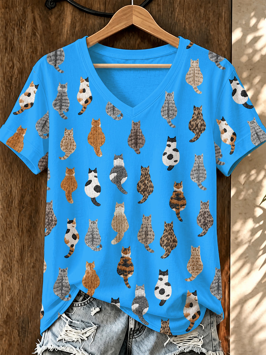 Women'S Cat Printed V-Neck T-Shirt