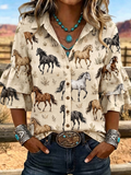 Women's Horse Art Print Puff Sleeve Casual Shirt
