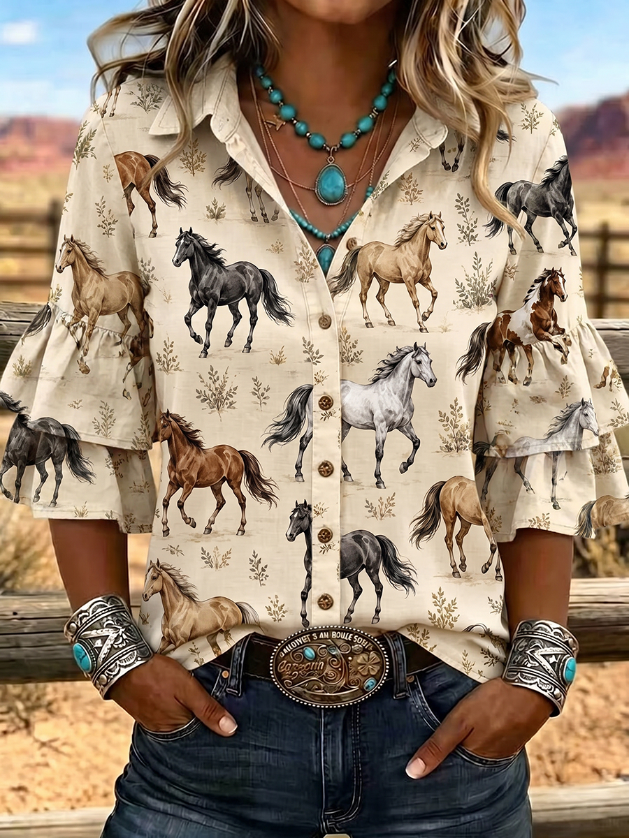 Women's Horse Art Print Puff Sleeve Casual Shirt