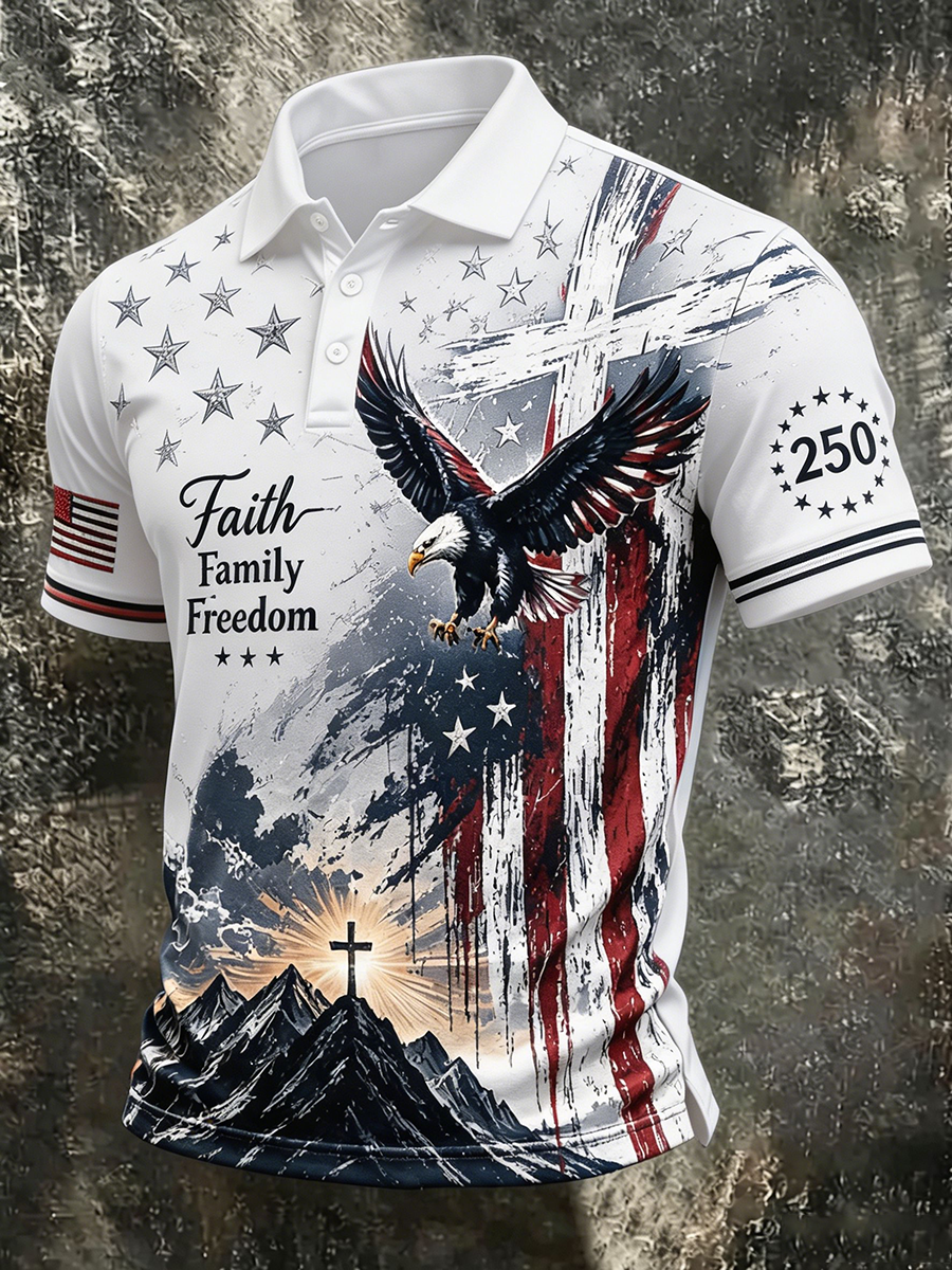 Men's Faith Family Freedom American Flag Eagle Cross Polo Shirt