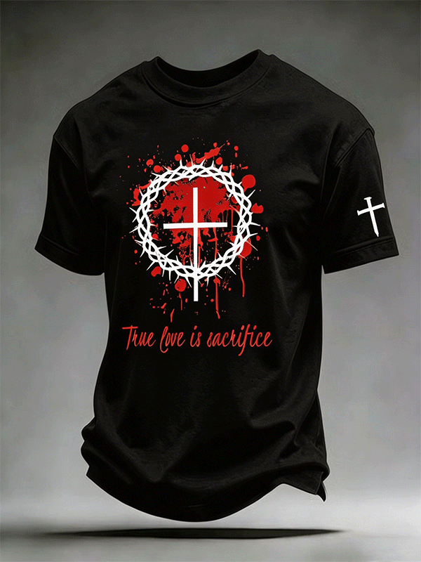 Men's True Love Is Sacrifice Crown Of Thorns Cross Blood Splatter Print Sleeve Cross Detail Crew Neck Short Sleeve T-Shirt
