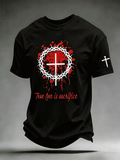 Men's True Love Is Sacrifice Crown Of Thorns Cross Blood Splatter Print Sleeve Cross Detail Crew Neck Short Sleeve T-Shirt