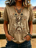 Women'S Western-Style Retro Faith Print V-Neck T-Shirt
