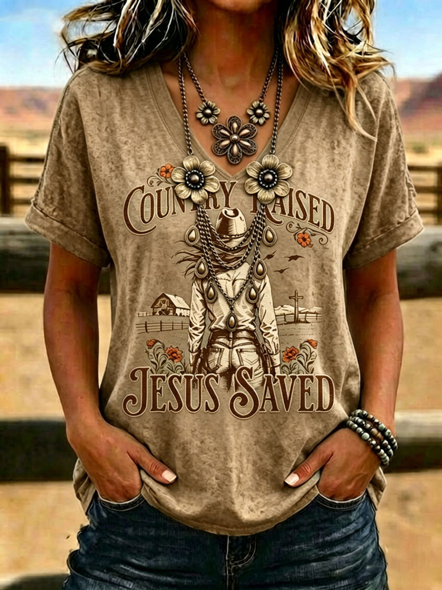Women'S Western-Style Retro Faith Print V-Neck T-Shirt