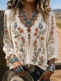 Women'S Floral Embroidered Lace-Up Western Blouse