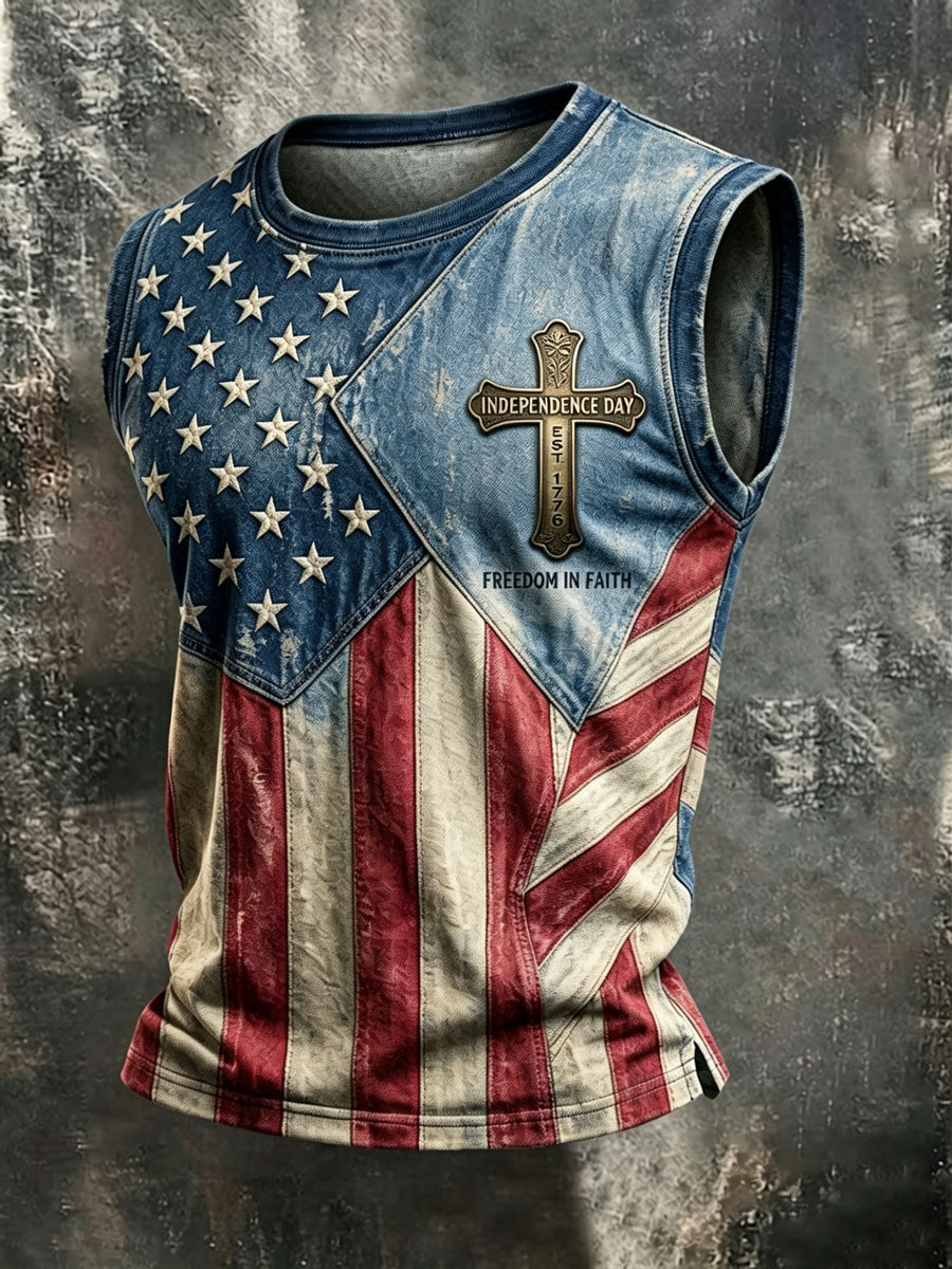 Men'S Retro Independence Day Faith Patriot Crew Neck Tank Top