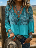 Women's Boho Paisley Ombre Lace Up 3/4 Puff Sleeve Western Blouse