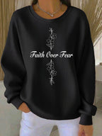 Ladies' Casual Faith Floral Print Round Neck Long Sleeved Knitted Sweatshirt