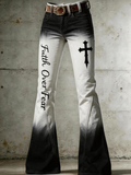 Women'S Retro Faith Cross Gradient Art Print Flared Pants