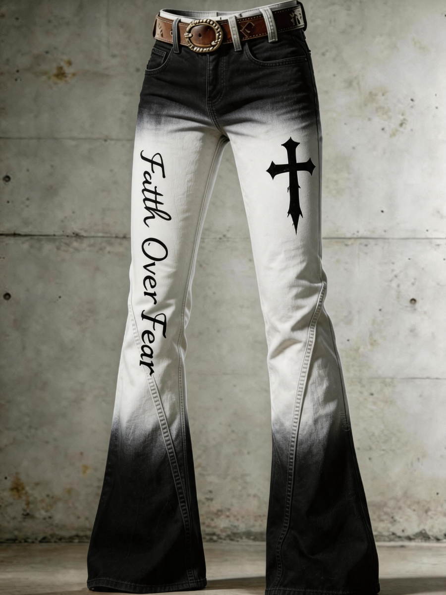 Women'S Retro Faith Cross Gradient Art Print Flared Pants