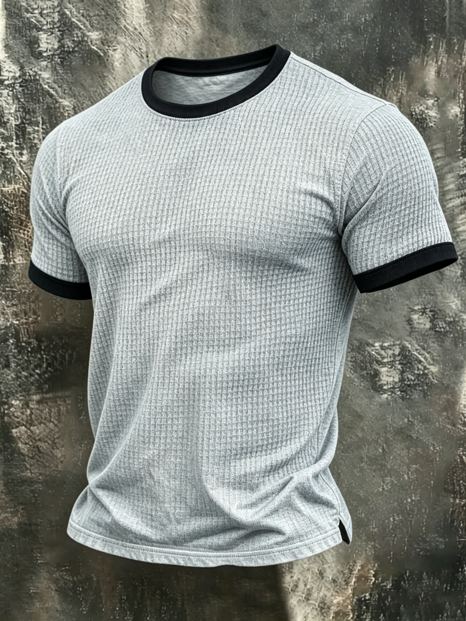 Men's casual contrasting color waffle fabric round neck contrasting color top