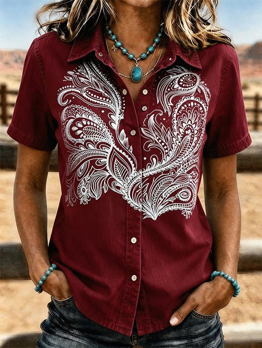 Women's Ombre White Paisley Embroidery Short Sleeve Shirt