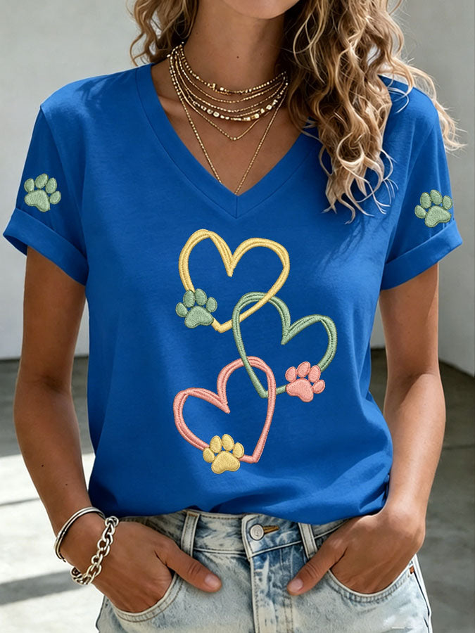 Women'S Paw Heart Print V-Neck T-Shirt