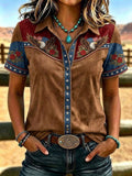 Women'S Retro Western Style Printed Short Sleeved Shirt