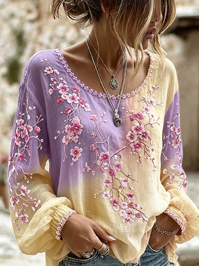 Women's printed round neck cotton and linen shirt