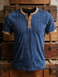 Men'S Casual Washed Spliced Cotton And Linen Henry Button Top