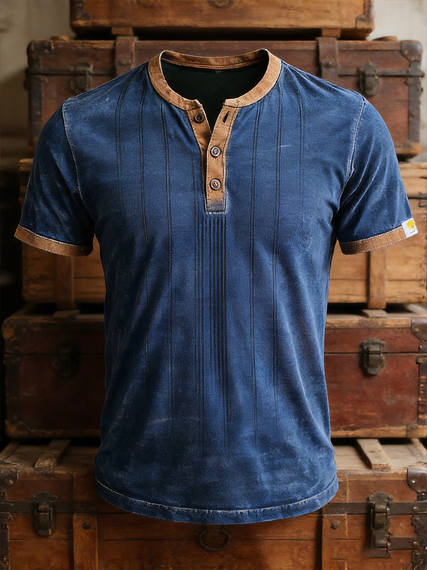 Men'S Casual Washed Spliced Cotton And Linen Henry Button Top