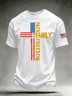 Men's Faith Family Freedom Distressed American Flag Cross Crew Neck Casual Short Sleeve Patriotic T-Shirt