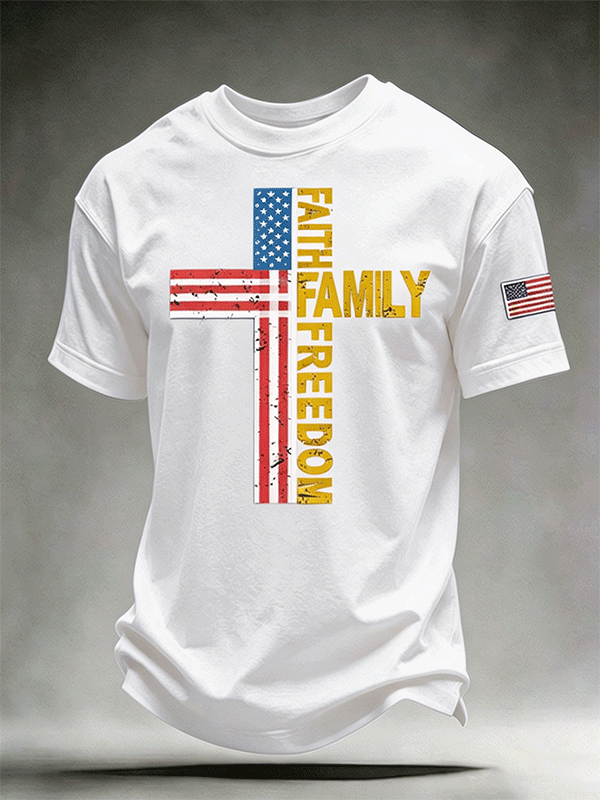 Men's Faith Family Freedom Distressed American Flag Cross Crew Neck Casual Short Sleeve Patriotic T-Shirt