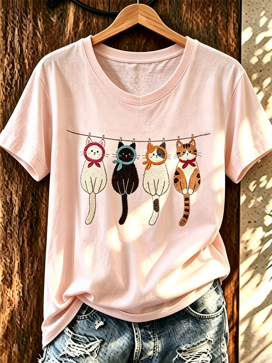 Women'S Fun Cat Printed Casual Round Neck T-Shirt