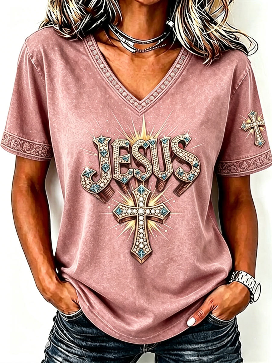 Ladies' Faith Cross Pattern V-Neck Top