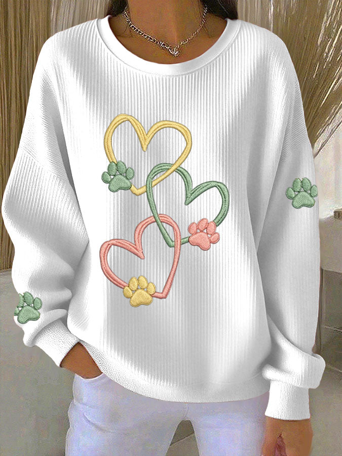 Women'S Heart-Shaped Paw Print Casual Sweatshirt