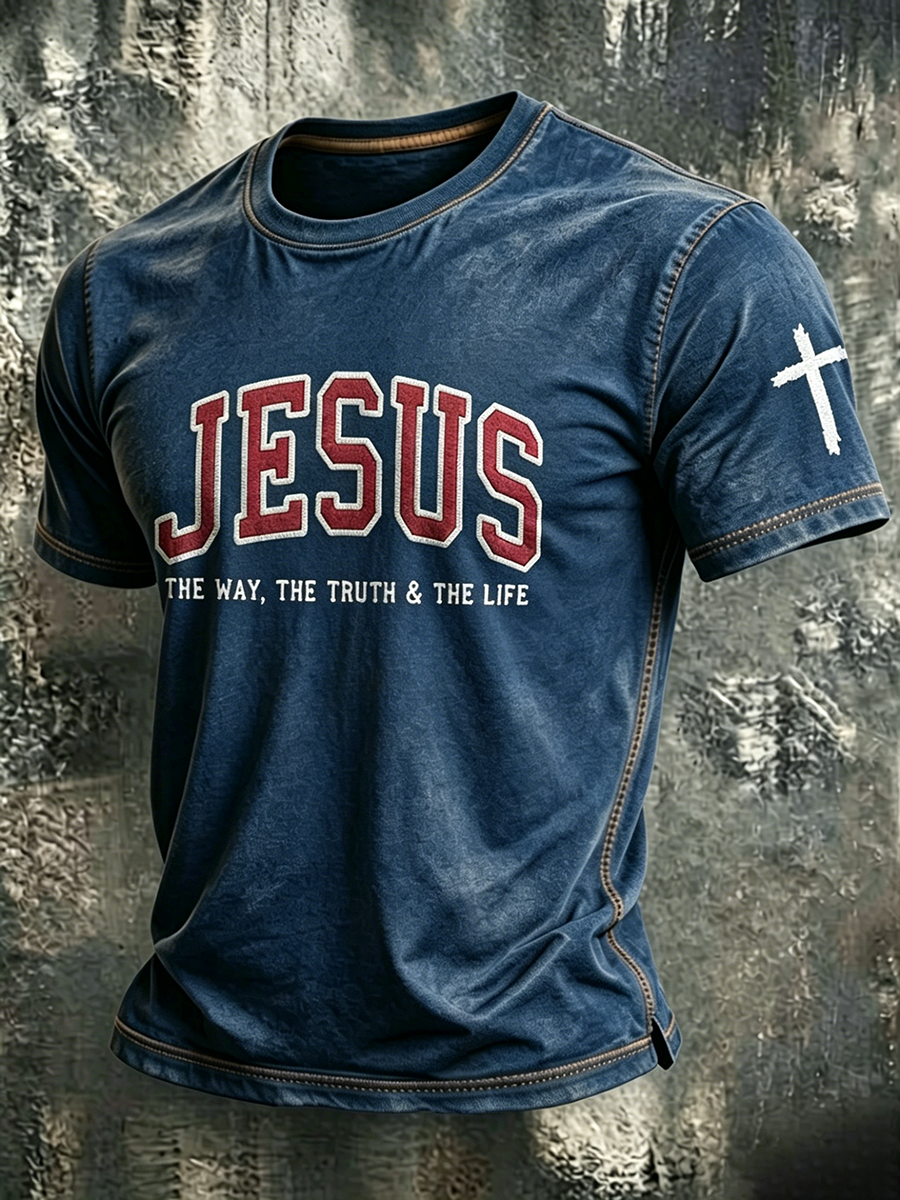 Jesus Cross Faith Commemorative Printed Round Neck T-Shirt