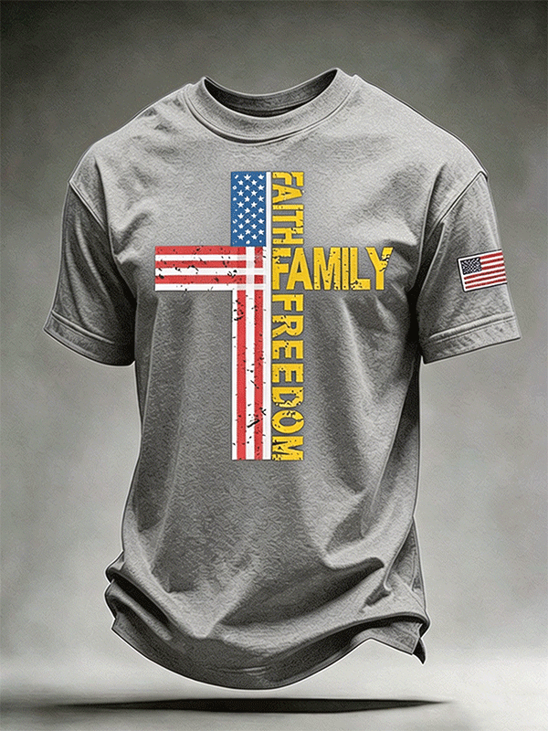 Men's Faith Family Freedom Distressed American Flag Cross Crew Neck Casual Short Sleeve Patriotic T-Shirt