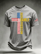 Men's Faith Family Freedom Distressed American Flag Cross Crew Neck Casual Short Sleeve Patriotic T-Shirt