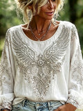 Women's Cotton-Linen Floral Top with Vintage Wing and Cross Print