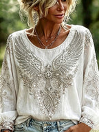 Women's Cotton-Linen Floral Top with Vintage Wing and Cross Print