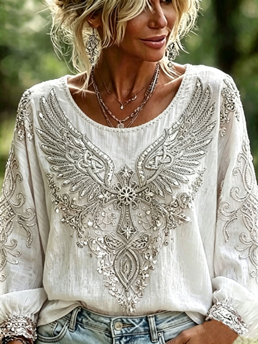 Women's Cotton-Linen Floral Top with Vintage Wing and Cross Print