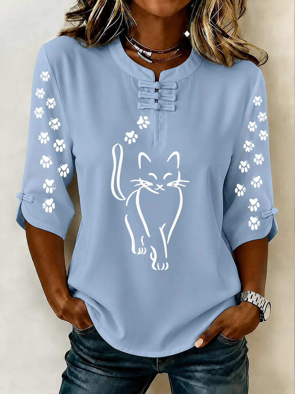 Women'S Elegant Cat Casual Button Top
