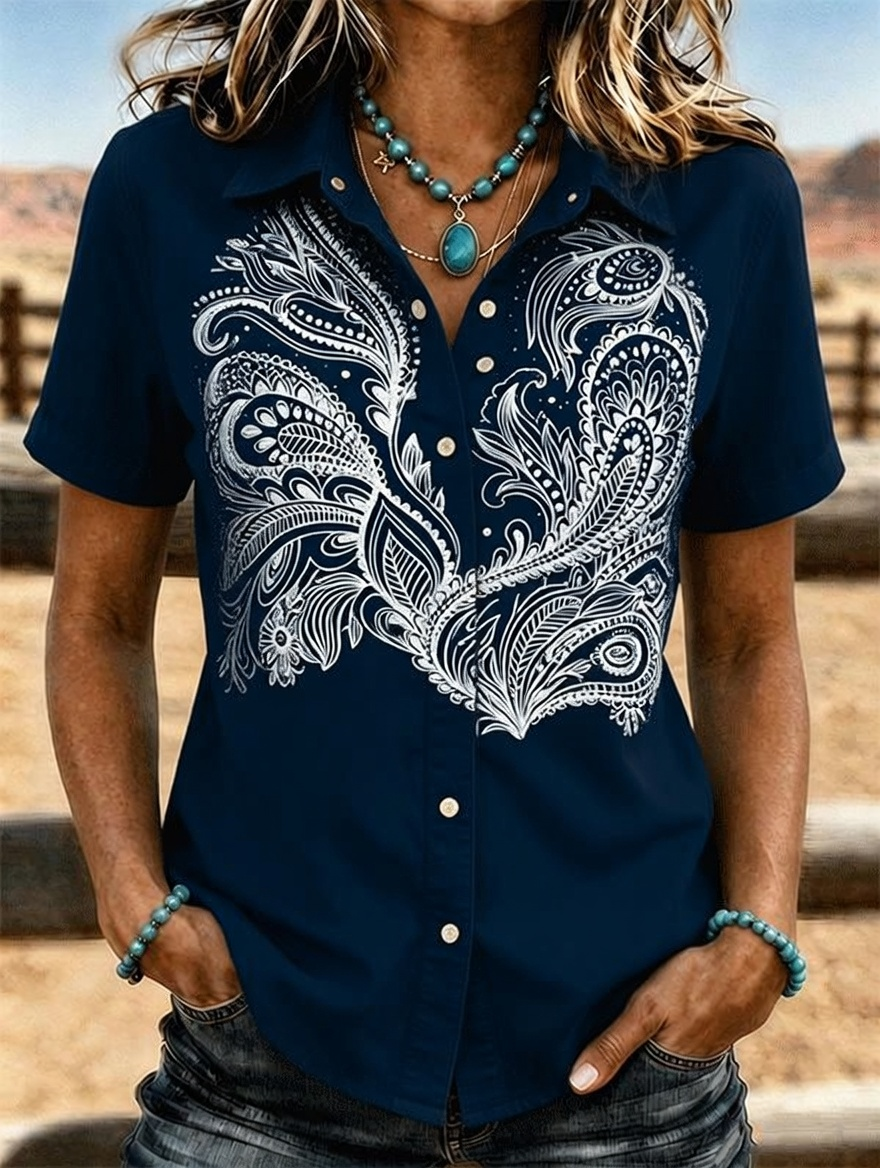 Women's Ombre White Paisley Embroidery Short Sleeve Shirt