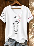 Women'S Cute Cat Paw Hearts Printed V-Neck T-Shirt
